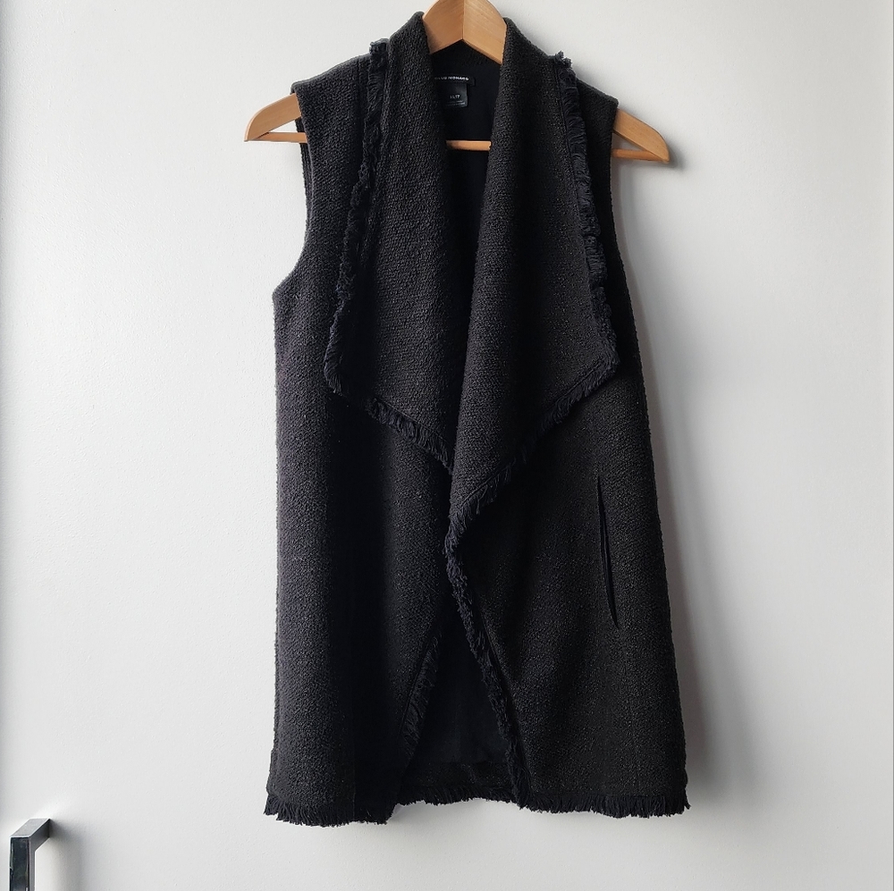 Club Monaco Tweed Fringe Open Collar Long Vest Jacket